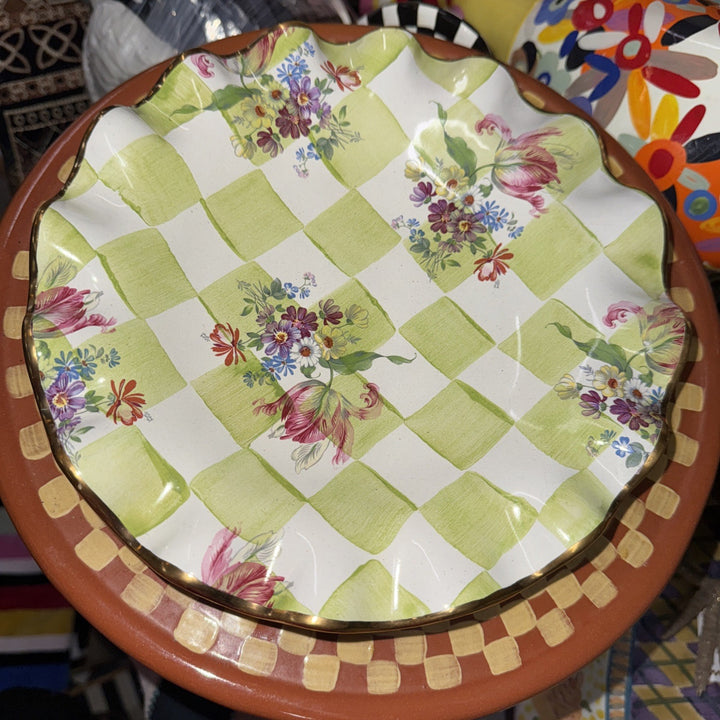 9” Mackenzie Childs Fluted Sweet Pea Green  Honeymoon Salad  Plate With Gold Rim