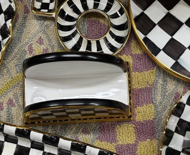 Mackenzie Childs Ceramic Courtly Check  Napkin Holder With Gold New