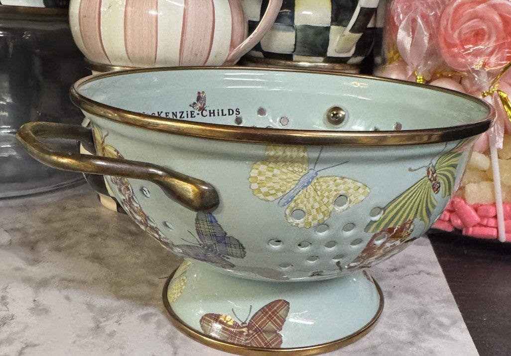 MACKENZIE Childs Blue BUTTERFLY GARDEN SMALL ENAMEL COLANDER RETIRED