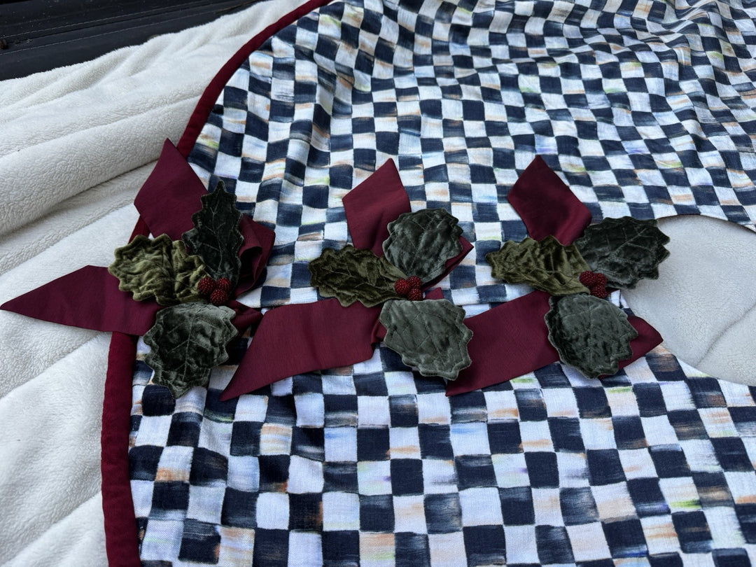 MacKENZIE CHILDS HOLIDAY   VELVET Holly And Beaded Courtly Check TREE SKIRT 46”