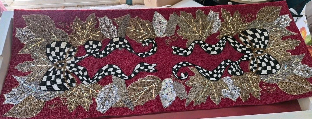 Mackenzie Childs Berry Frost Beaded Christmas Bow Table Runner 36" Centerpiece