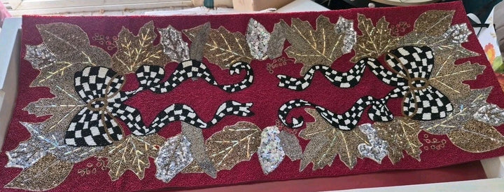 Mackenzie Childs Berry Frost Beaded Christmas Bow Table Runner 36" Centerpiece