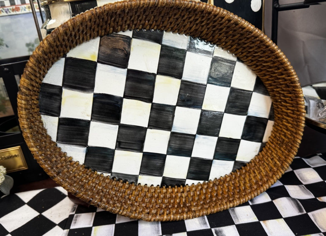 Mackenzie Childs Courtly Check Enamel Rattan Small Serving Tray 11"c8”