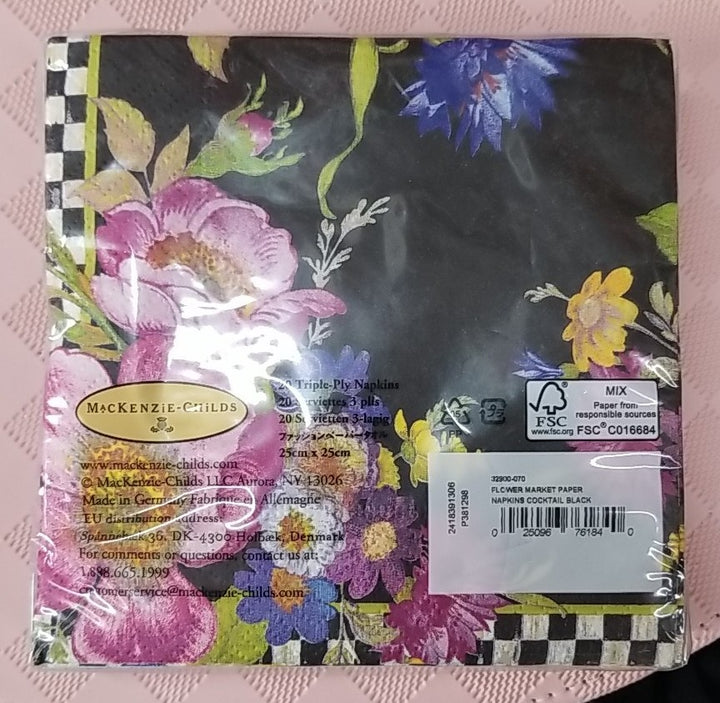 MacKenzie Childs Black Flower Market Paper Cocktail 20 Napkins 1 pack