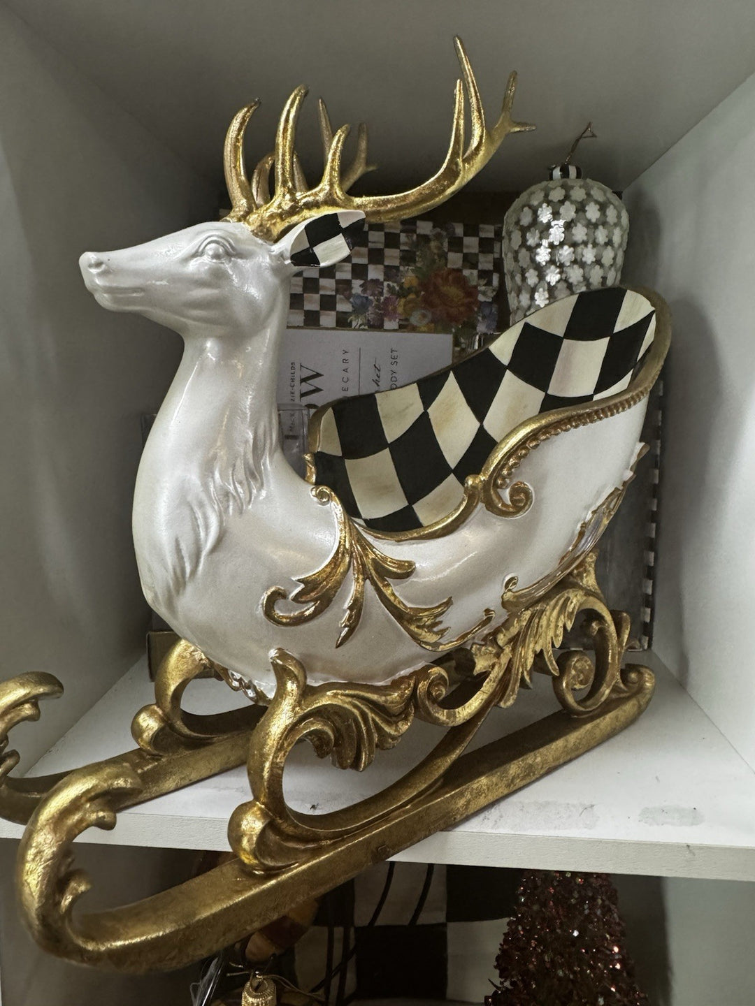 MacKenzie Childs Christmas Glam Up  Sleigh- White And Gold Reindeer