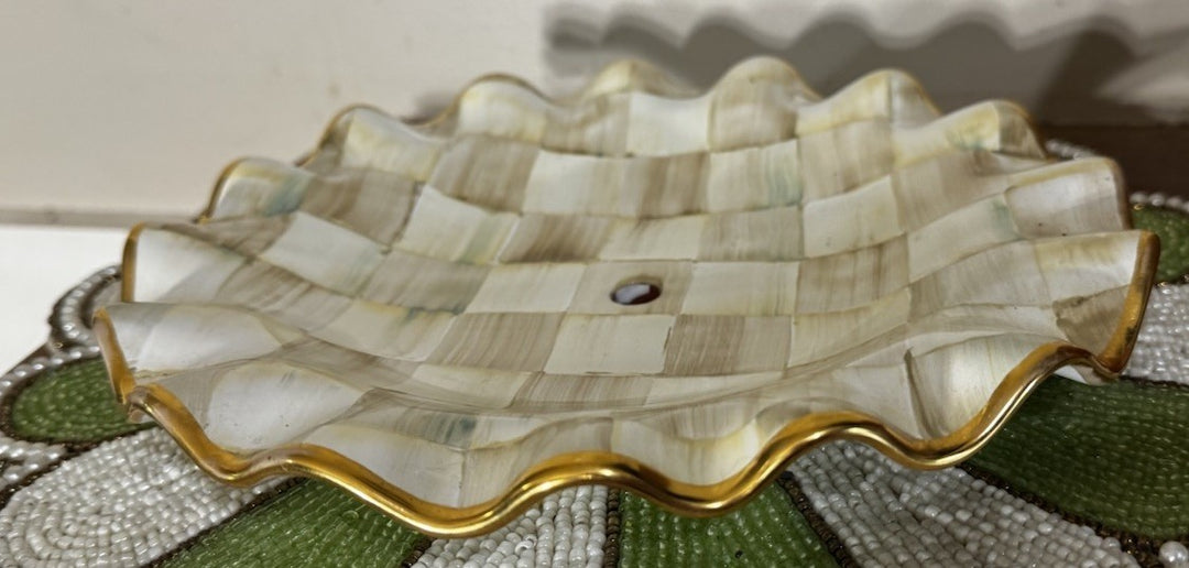 Mackenzie Childs Parchment Check Ceramic 9” Plate Fluted With Hole
