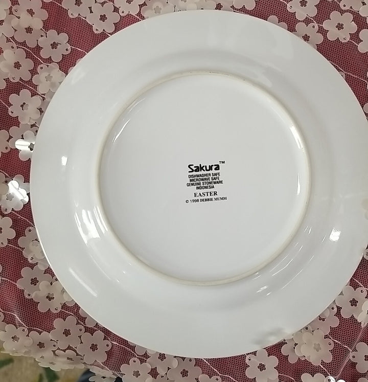 Debbie Mumm Sakura easter Plate  & Mug Set-Bunny 1998 Checks w flower basket