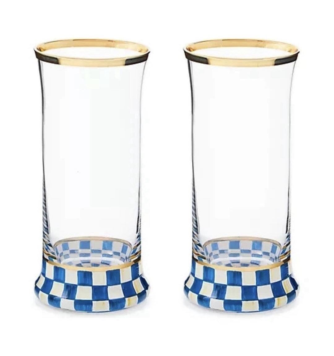 MacKenzie Childs Royal Check Highball Glasses Set of 2 Gold Rim New In Box