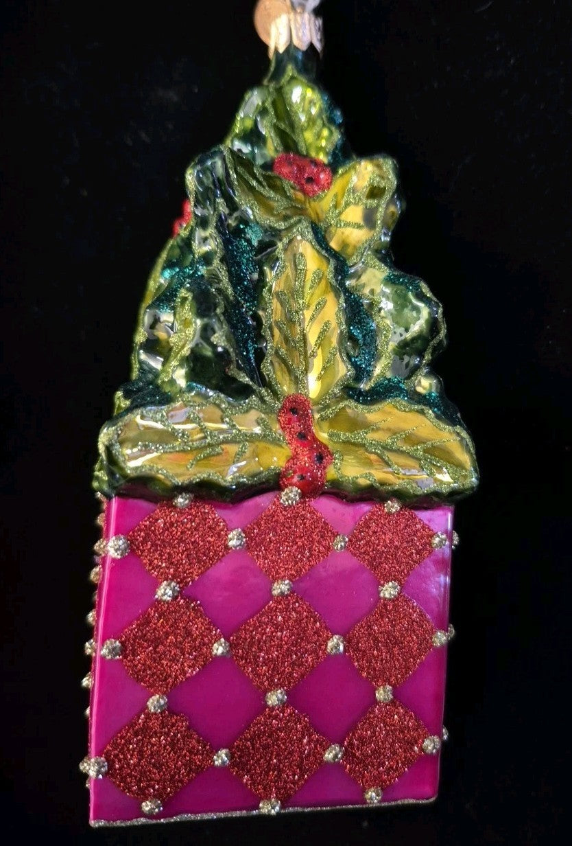 Mackenzie Childs CHICKADEE HOLLY HOUSE Christmas Ornament Blown Glass - NEW/BOX!