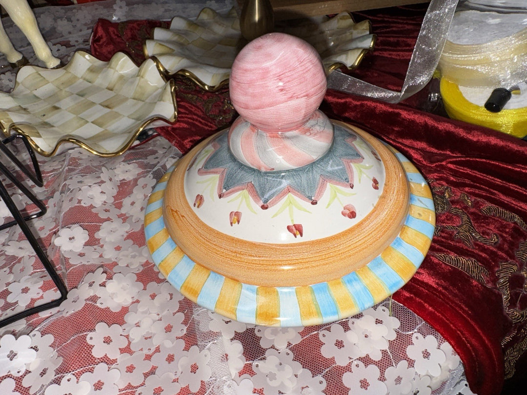 Mackenzie Childs Odd Fellows Hand Painted Ceramic Groovy Canister Lid Only