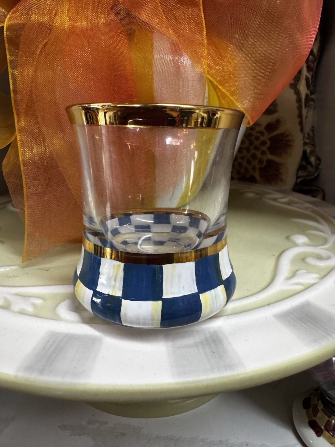 MacKenzie Childs SHOT GLASS Royal CHECK 2 OZ GOLD HAND PAINTED  NEW