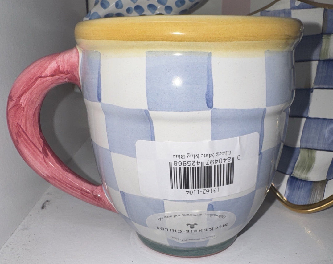 Mackenzie Childs Check Mate  Mug Blue Sky Check Hand Painted Majolica NWT