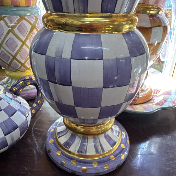Mackenzie Childs Ceramic Violet Plum Purple Gold  Check Great Vase- NWT 2024
