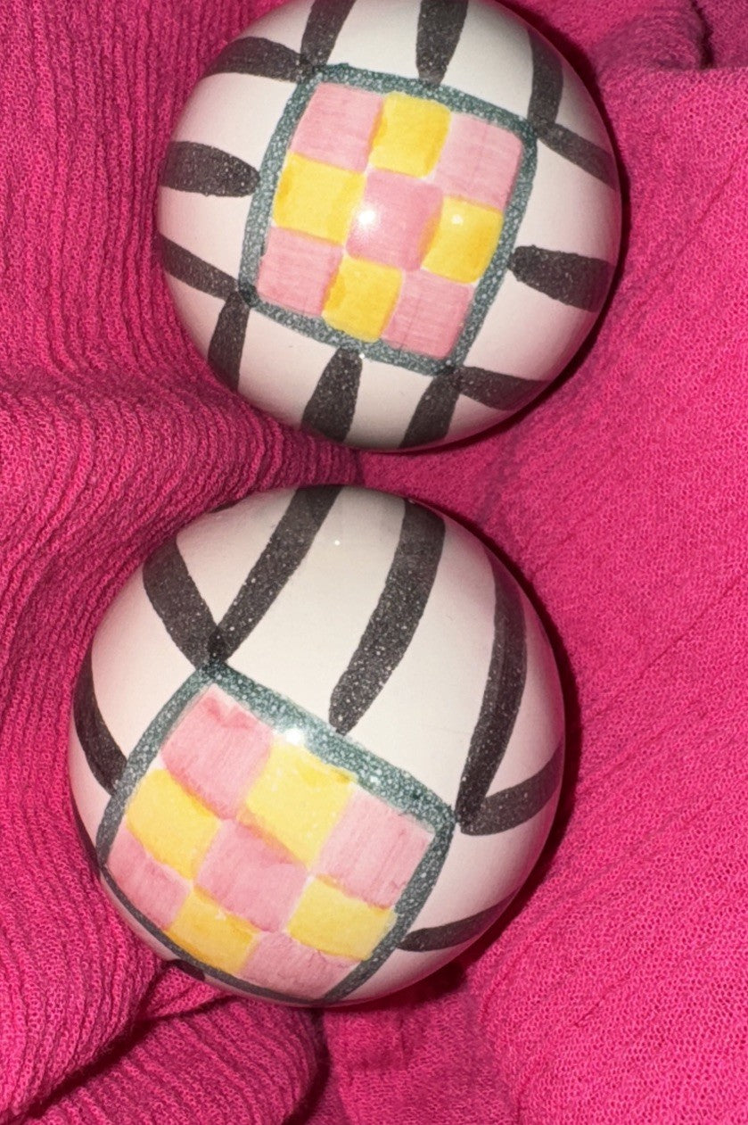 Mackenzie Childs Set Of 2 Pink And Yellow Check Cabinet Knobs / Pulls Retired