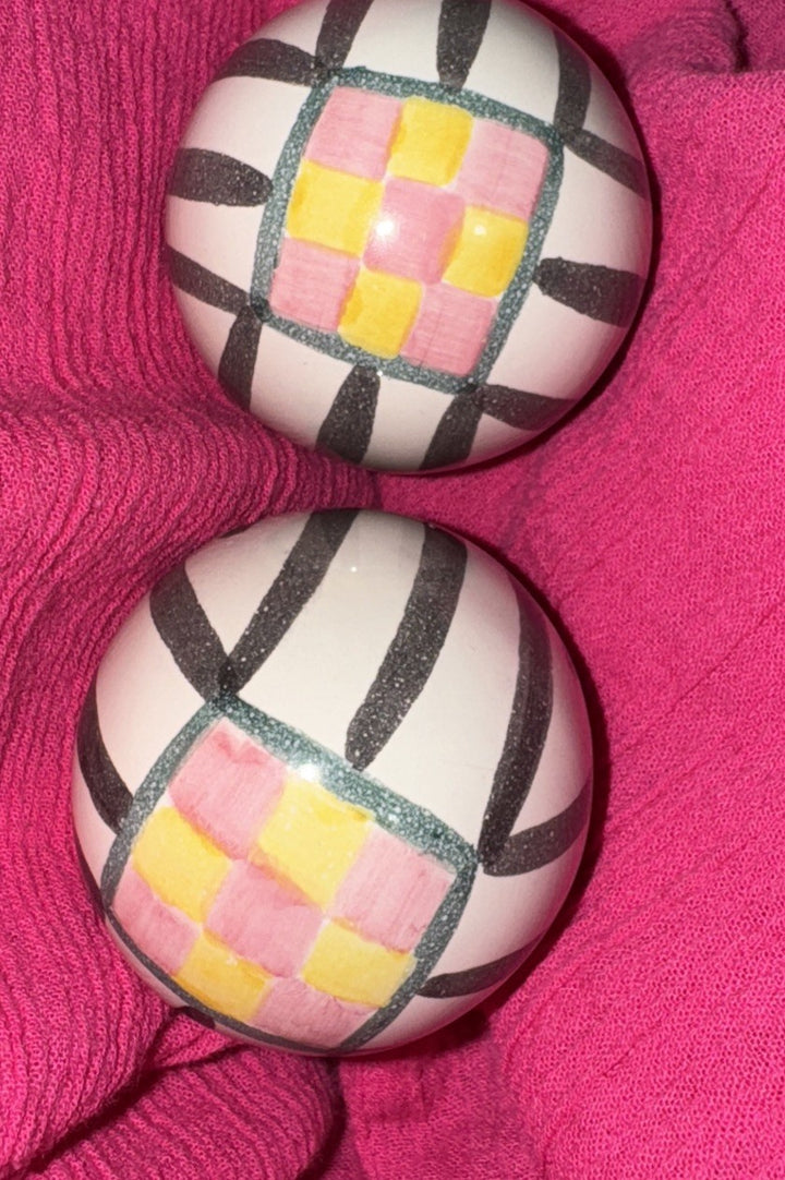 Mackenzie Childs Set Of 2 Pink And Yellow Check Cabinet Knobs / Pulls Retired
