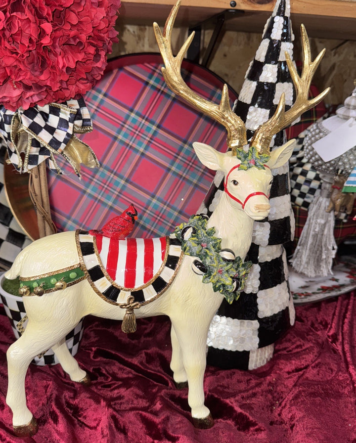 MacKenzie Childs Peppermint Standing Reindeer  11.5" x 4.5" With Cardinal-new