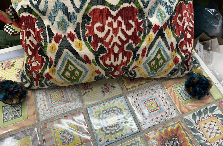 Mackenzie Childs Marrakesh Pillow Has 4 Pom Poms On Corners 18 x 18 X6