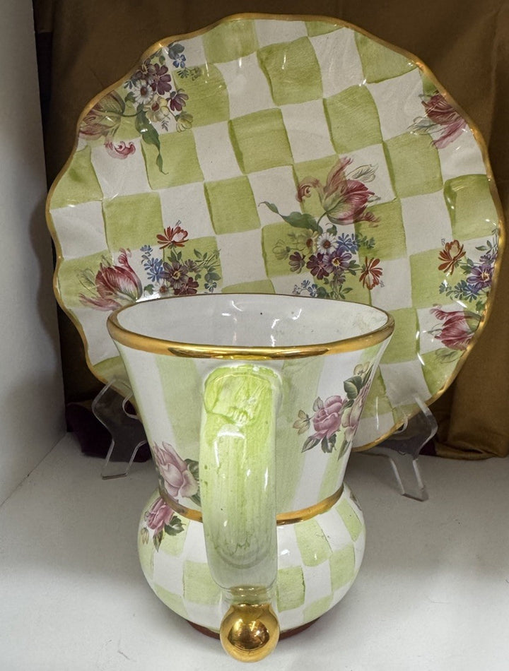 Mackenzie Childs Green Coffee Mug Pottery Honeymoon Sweet Pea Gold Rimmed- Used