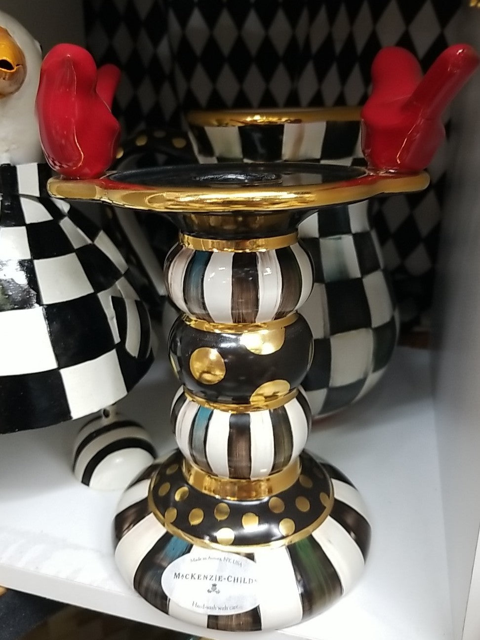 MacKenzie Childs Courtly Stripe Birds  Candlestick -new Ceramic