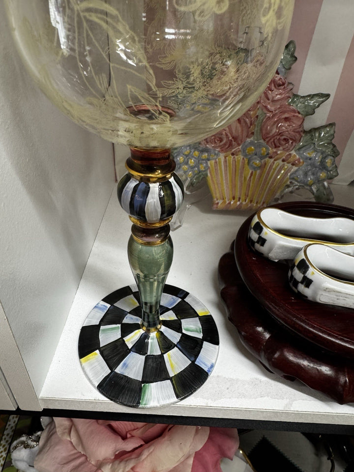 One MacKenzie Childs Blooming Wine Glass Goblet Courtly Check Excellent