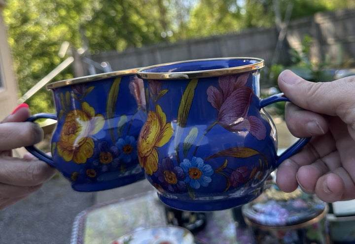 Mackenzie Childs Lapis Blue Flower Market metal enamel Coffee cup mug Floral One