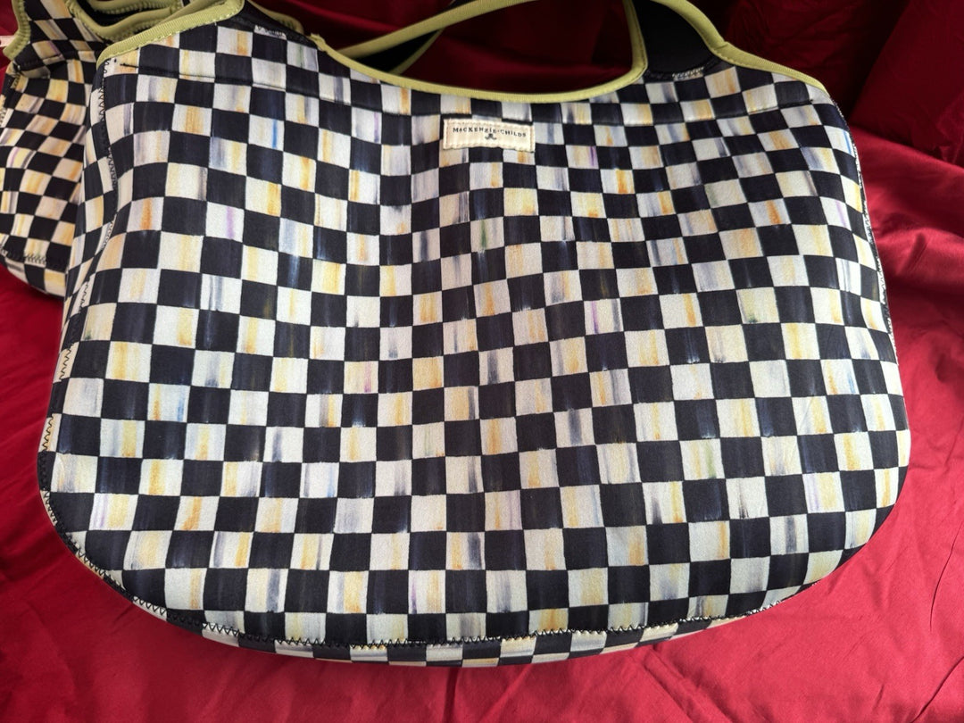 MacKenzie Childs Courtly Check & Green CARRYALL Travel Tote Neoprene 11" x 16”