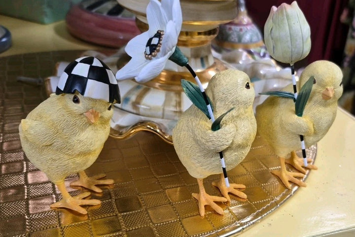Mackenzie Childs Rose Garden Chicks With Flowers Courtly Check Set of 3- Nib