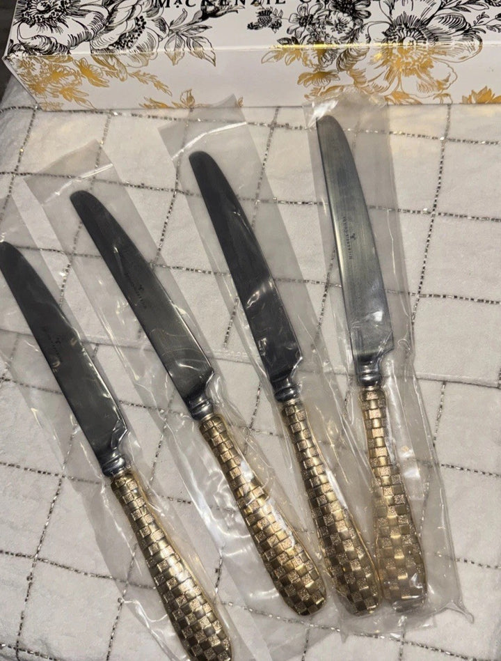 4 Pcs Mackenzie Childs Gold Plated Check Dessert Knife Set New In Box