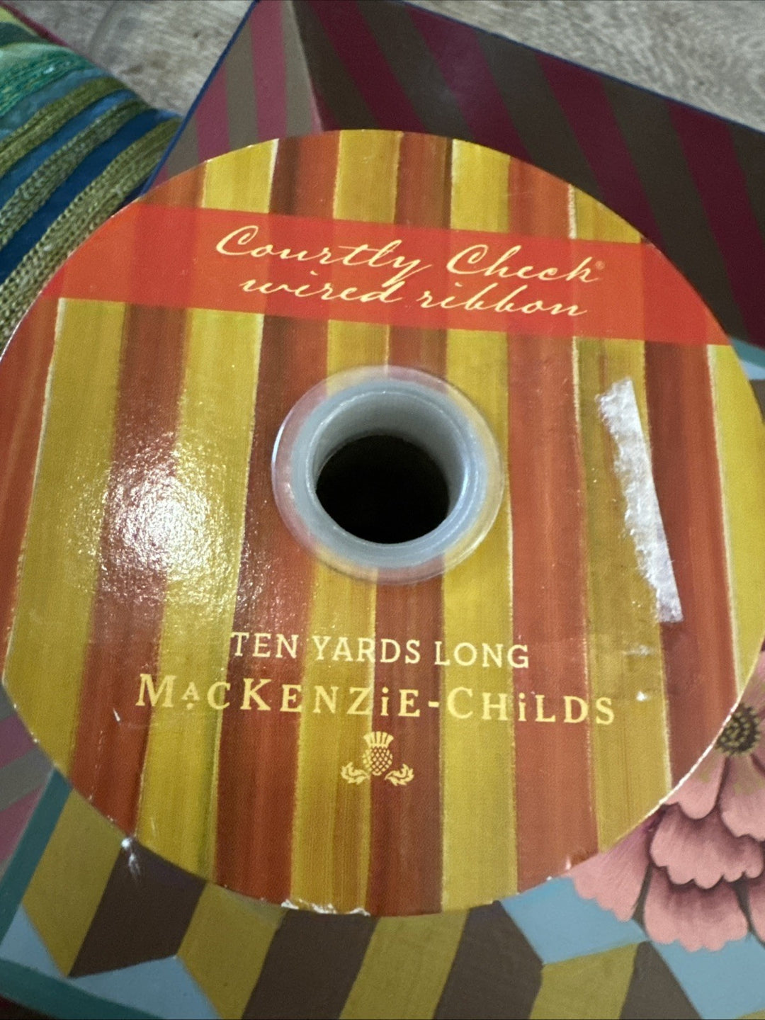 MacKenzie Childs Courtly Check 4" Wide Wired Gold Edge Ribbon  Gold Backing Roll