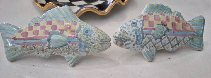 Set 2 Vintage MacKenzie-Childs Pottery Fish Cabinet Knobs / Drawer Pulls Teal