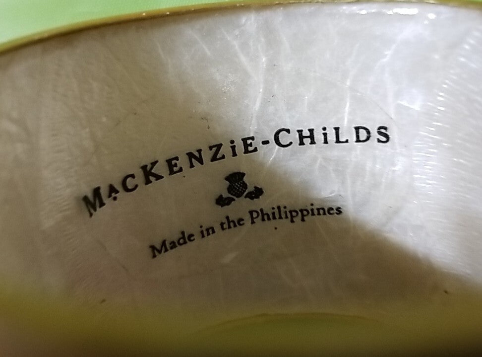 Mackenzie Childs Capiz Green Napkin Rings,  Brass, Diamond Design Set Of 4- Exc