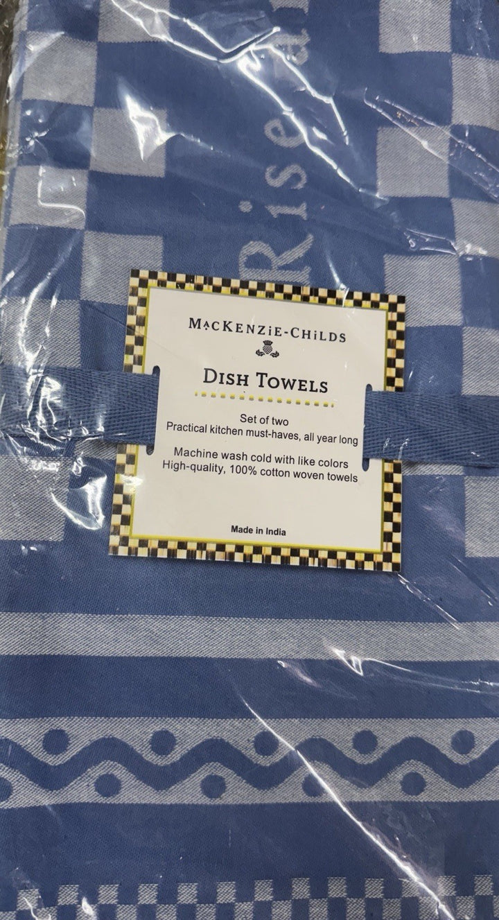 Mackenzie Childs Rise & Shine Blue Check Dish Towels Set Of 2 New In Bag