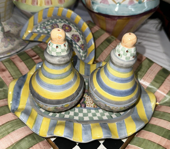 MacKenzie Childs Myrtle  Salt and  Pepper Shakers w Fluted Oval Plate - Ceramic