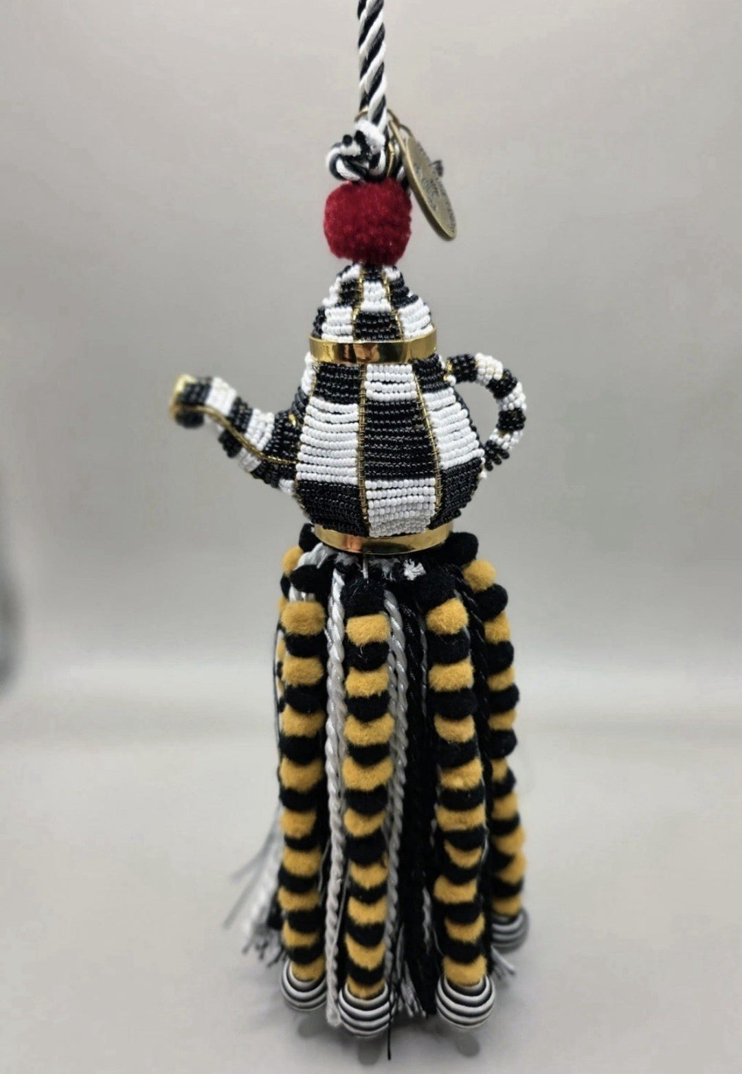 MacKenzie Childs Courtly Check Tea Kettle Beaded Tassel Ornament Decor- Nib
