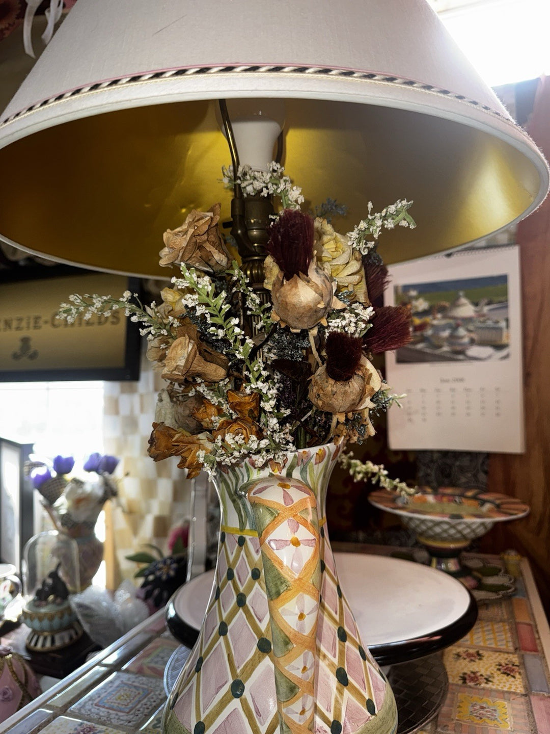 Mackenzie Childs  Sherwood Garden Pitcher Lamp With Dried Flowers 31” Tall