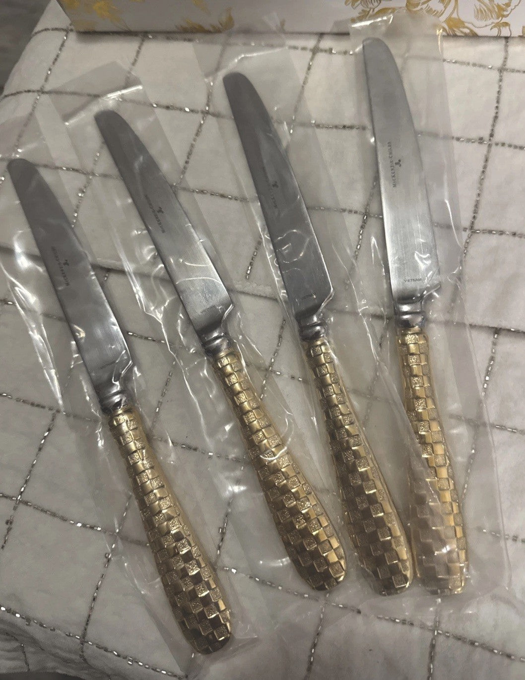 4 Pcs Mackenzie Childs Gold Plated Check Dessert Knife Set New In Box