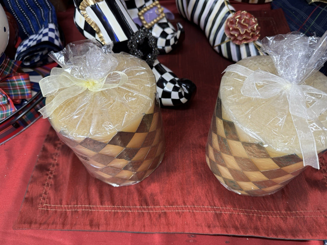 MacKenzie Childs Gold And White  Harlequin Pillar Candle 5 x 5" Beeswax Retired