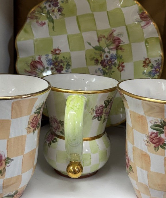 Mackenzie Childs Green Coffee Mug Pottery Honeymoon Sweet Pea Gold Rimmed- Used