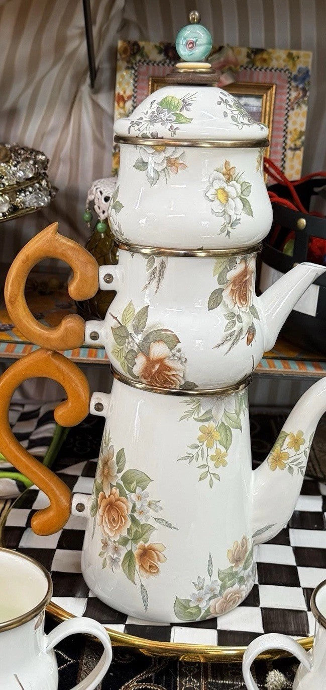 MacKenzie Childs Stacked Camp White Flower Enamel Tea Cream & Sugar High tea Set