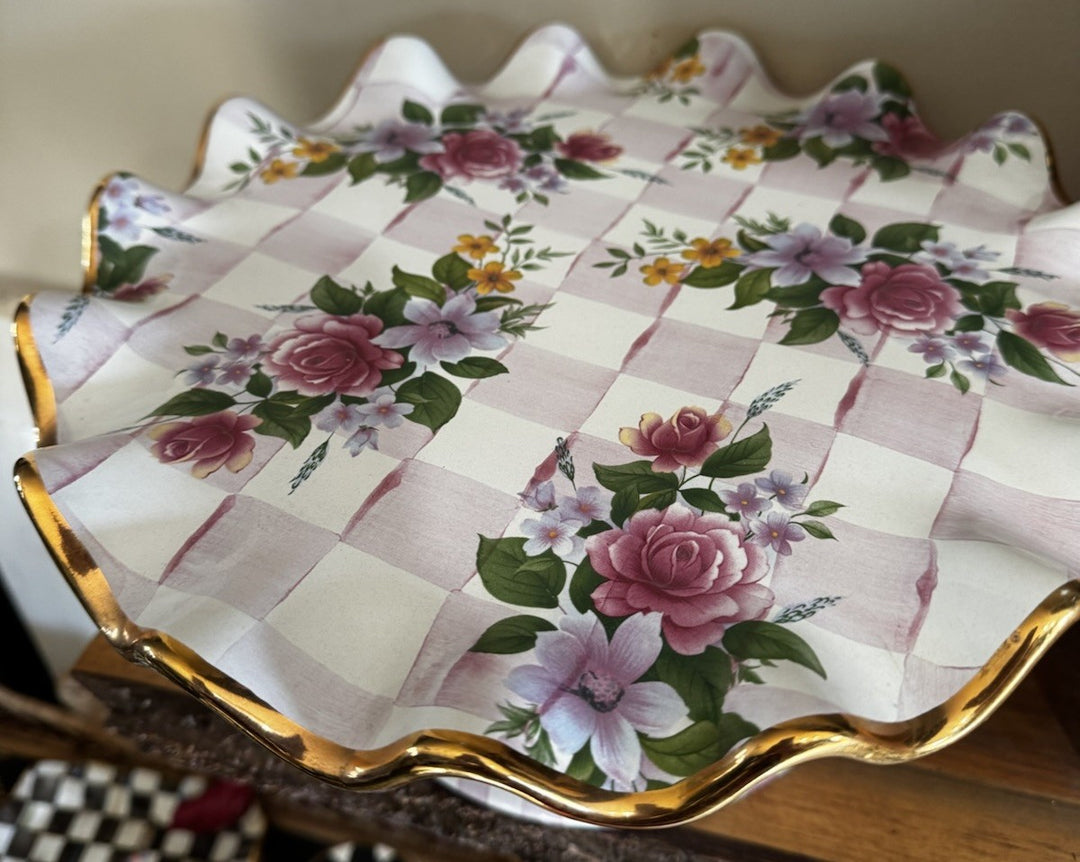 Mackenzie Childs 12” Honeymoon Pink Rose Fluted Cake Stand 2006