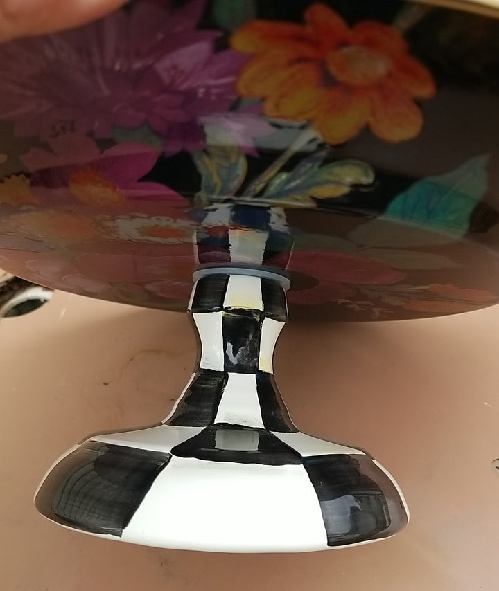 MACKENZIE-CHILDS Black Flower Market & Courtly Enamel Pedestal Platter Small 12”