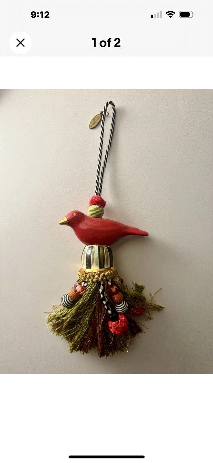 Brand New Mackenzie Childs Ceramic Bird Tassel — Red & Gold