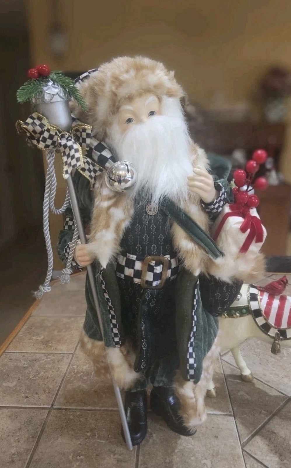 Mackenzie Childs Courtly Check Farmhouse Santa With Staff 20.5" Tall New NIB