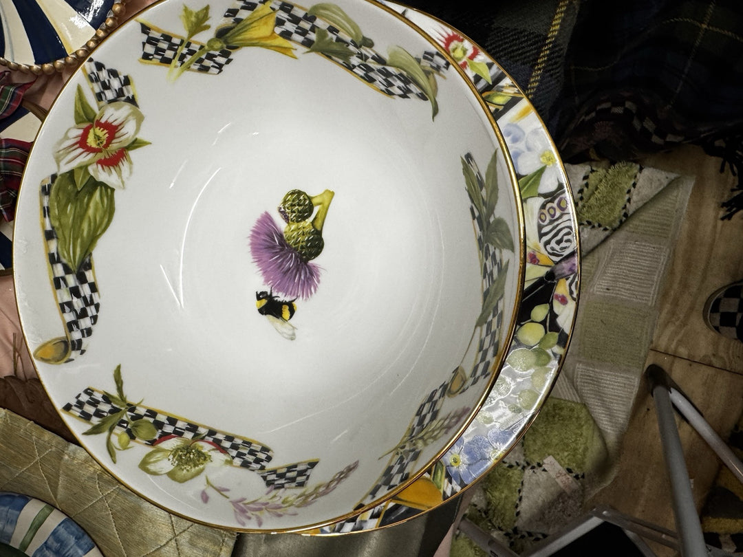 MACKENZIE CHILDS THISTLE & BEE Serving Bowl Courtly Check Ribbon NIB