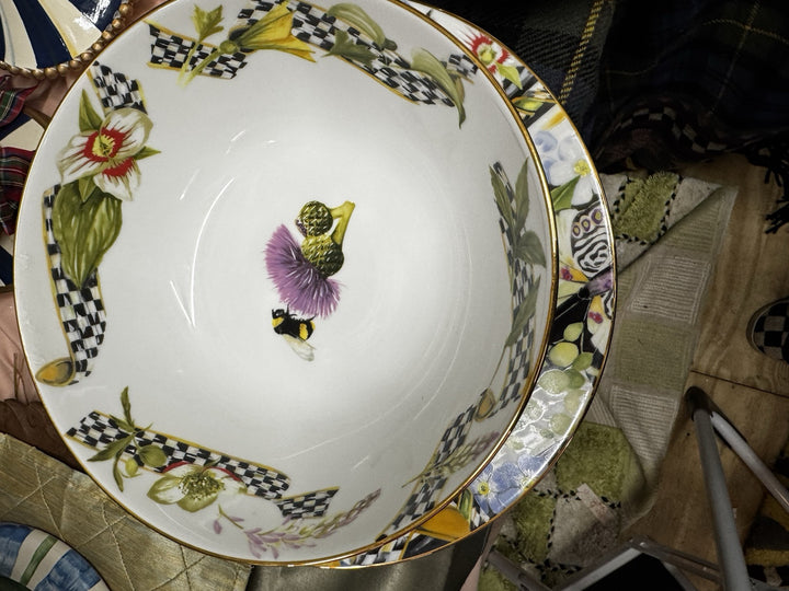 MACKENZIE CHILDS THISTLE & BEE Serving Bowl Courtly Check Ribbon NIB