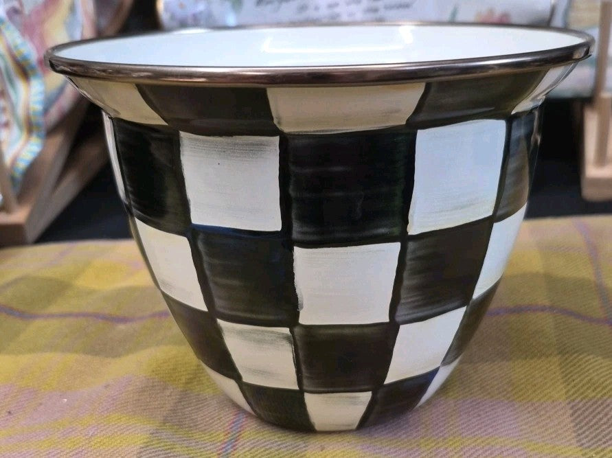 mackenzie childs Courtly Check 7”Tall Enamel Flower Pot- Excellent