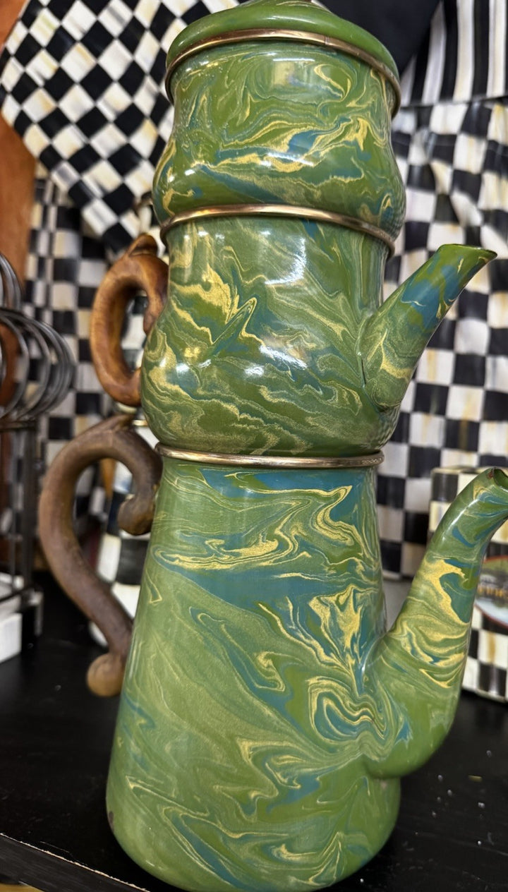 MacKenzie Childs Stacking Camp Green Swirl Enamel Tea Cream & Sugar High tea Set