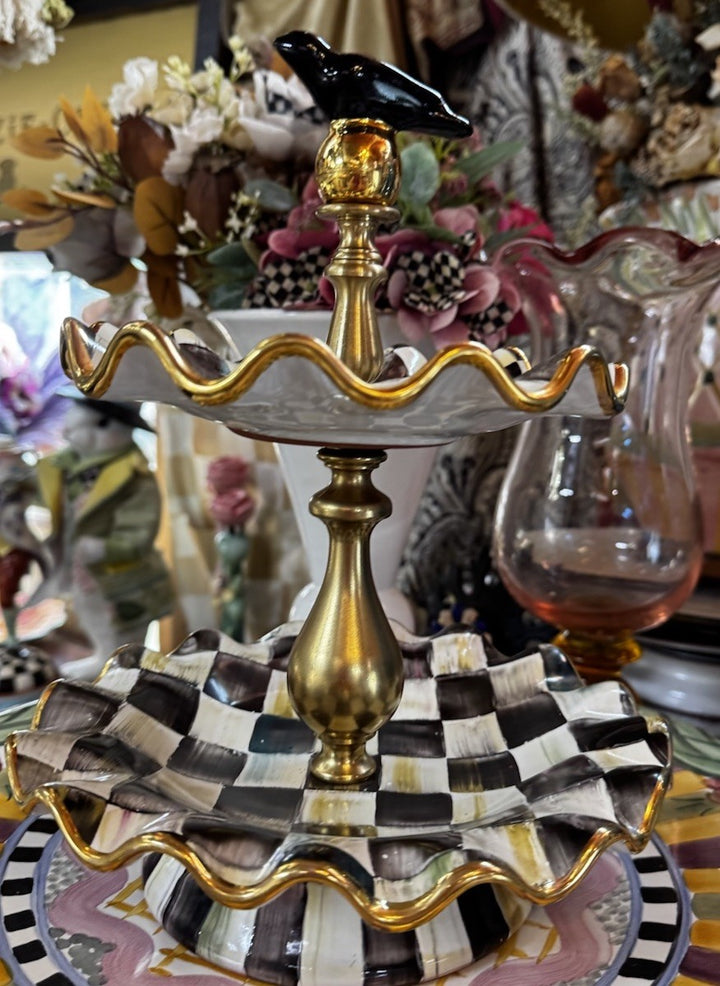 MacKenzie Childs Courtly Check Ceramic Two Tier Sweet Stand With Bird Retired