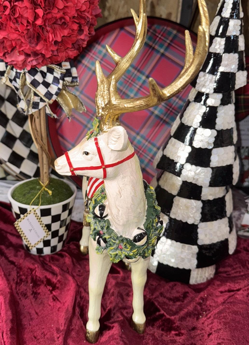 MacKenzie Childs Peppermint Standing Reindeer  11.5" x 4.5" With Cardinal-new