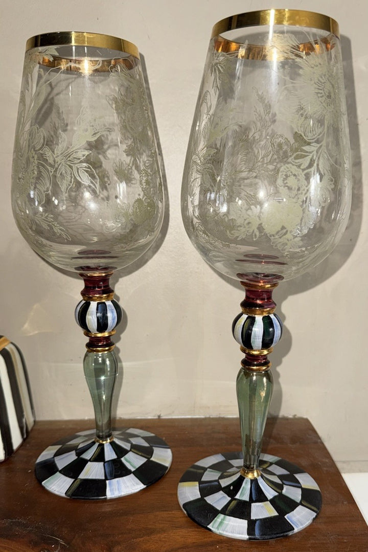 Set Of 2 MacKenzie Childs Blooming Wine Glasses Goblet Courtly Check Excellent